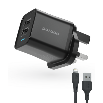 Porodo Dual Port Wall Charger 2.4A with USB to Lightning Cable